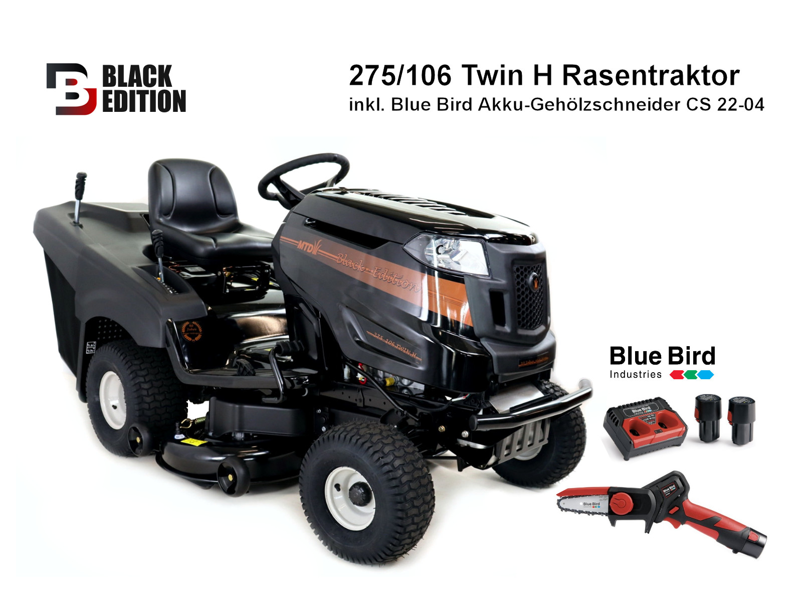 BLACK EDITION Rasentraktor® 275/106 TWIN Hydrostat mit Fangkorb inkl. Akku  Gehölzschneider | Börger Motorgeräte GmbH